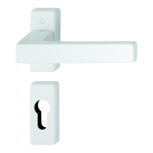 Double béquille blanche sur rosace de série sur les portes PVC Elégance