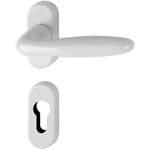 Double béquille ovale blanche sur rosace de série sur les portes PVC Elégance gamme Tradition